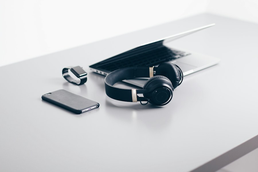 Electronics and accessories arranged on a desk